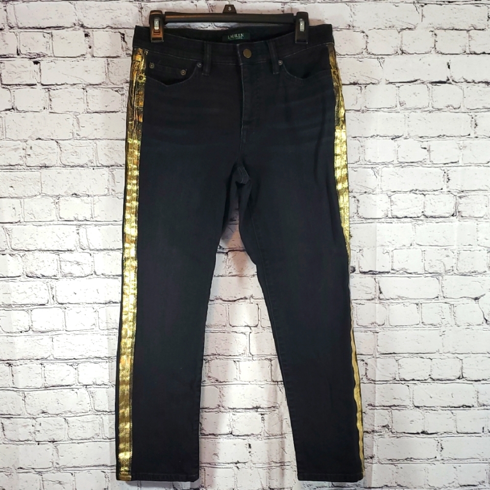 Lauren by Ralph Lauren Black Jeans with Gold Side Stripes Size 6